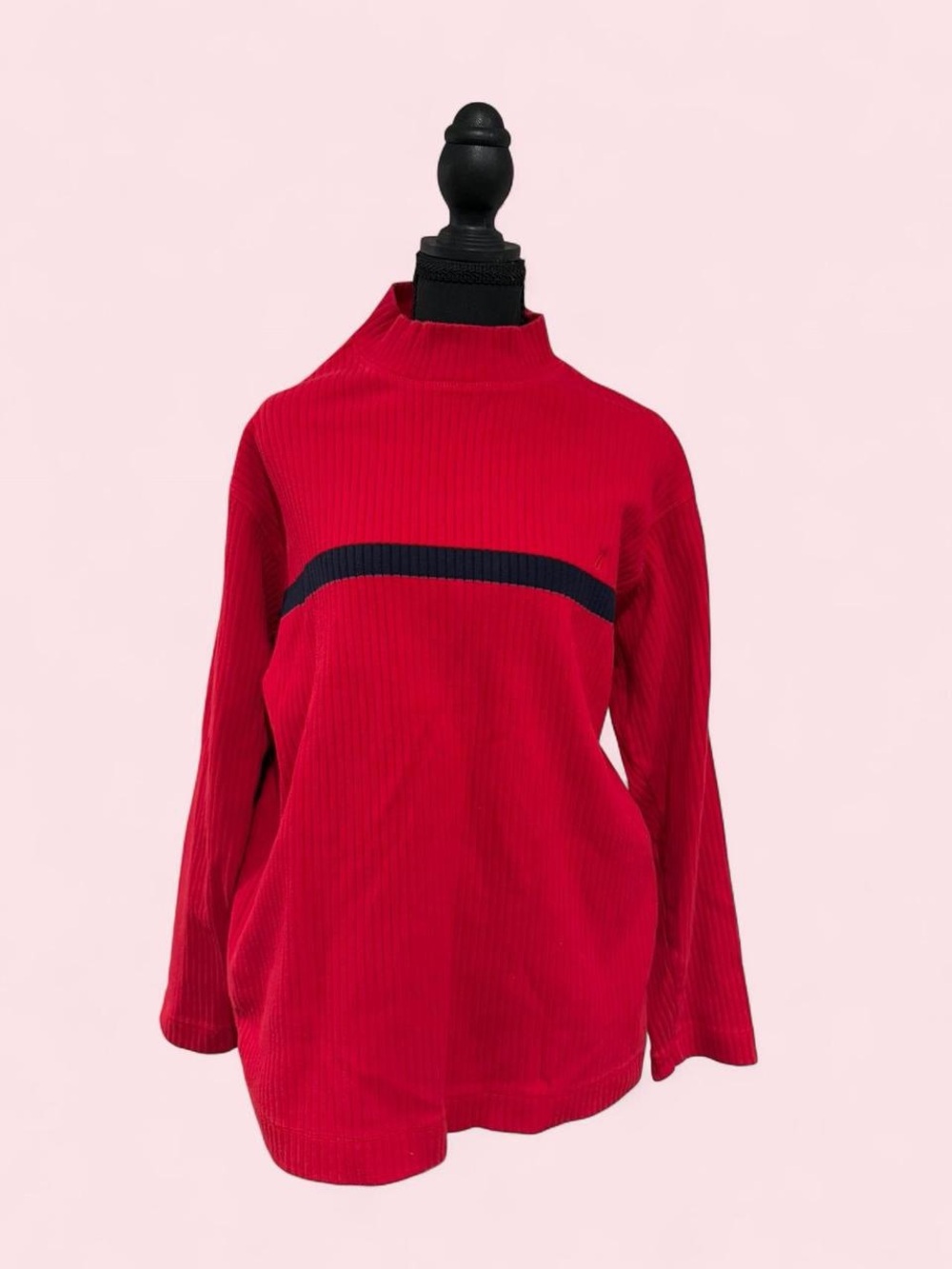 Nautica Red Ribbed Turtleneck Sweater with Navy Stripe